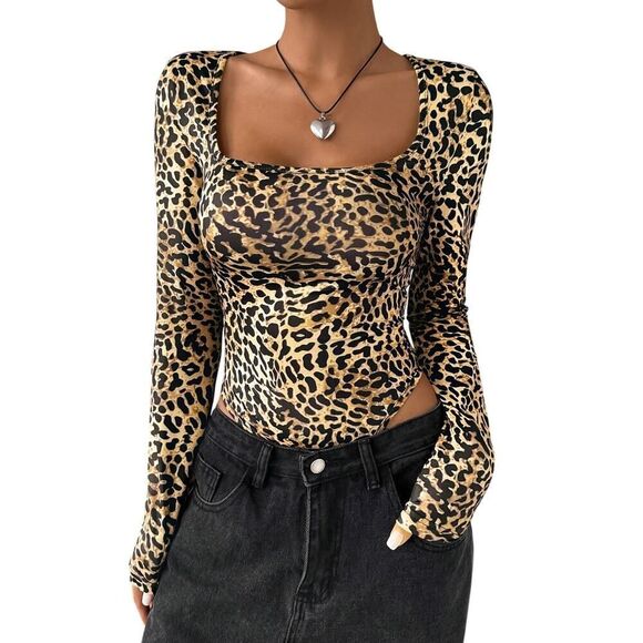 Leopard Print Long Sleeve Bodysuit Beige Brown | Sexy Animal Print Top Size S - Picture 10 of 10
